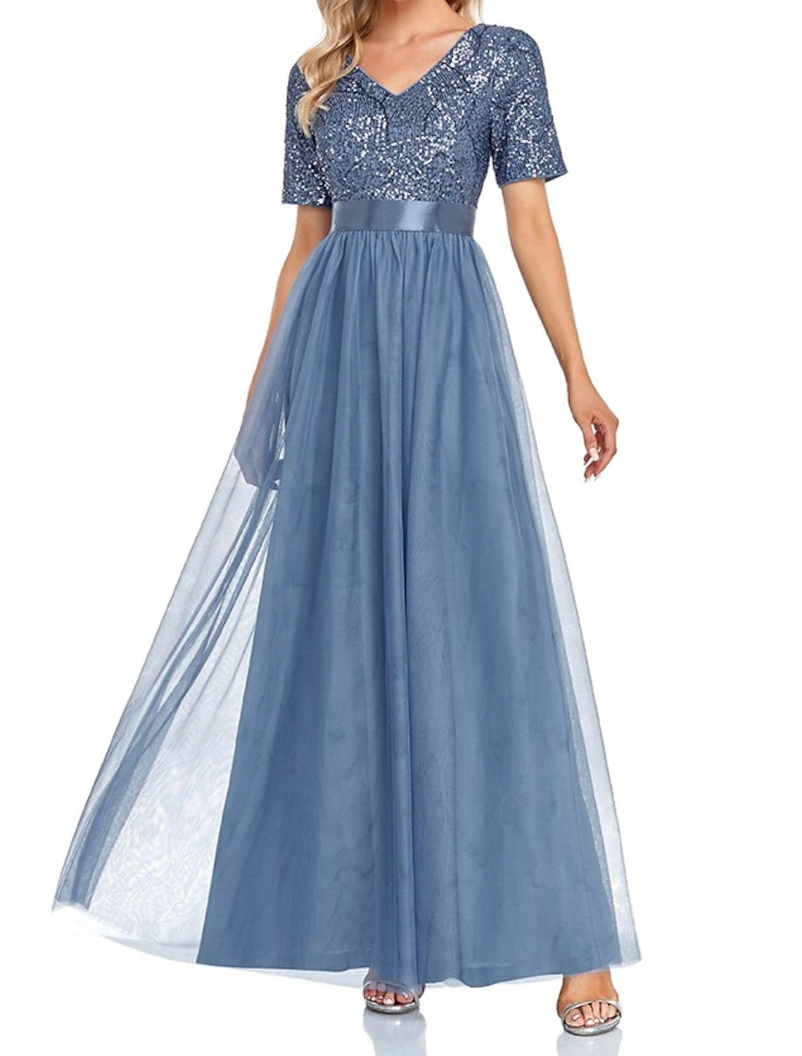 Wholesale  A-Line Evening Gown Sparkle & Shine Dress Wedding Guest Prom Floor Length Short Sleeve V Neck Bridesmaid Dress Tulle with Sequin Splicing